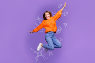 Sujet-Bild von Girls! TECH UP; Mädchen springt fröhlich in die Luft